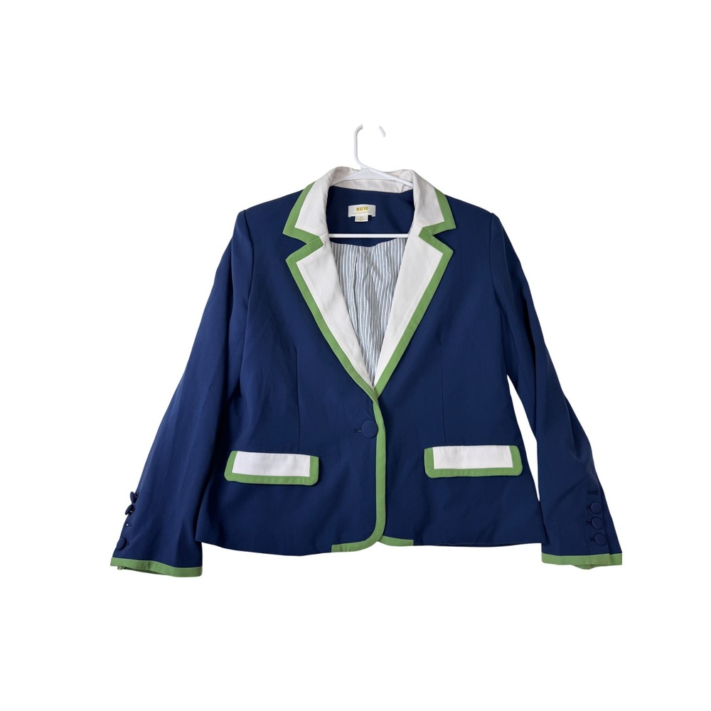 Maeve Anthropologie Navy Blue Blazer Green White Trim Petite Medium